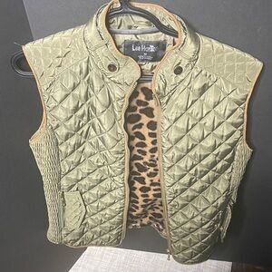 Lee Hartell Olive Quilted Vest with fuzzy leopard lining
